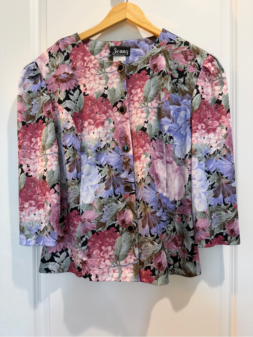 Vintage Jenny Floral Blazer Jacket Pink Purple Peplum Tie Back USA Women's 16W